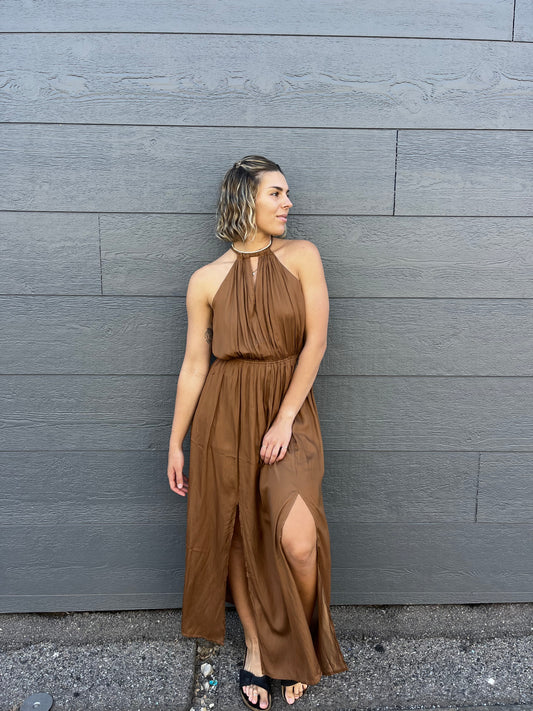 STATUS HALTER DRESS - Brown & Navy