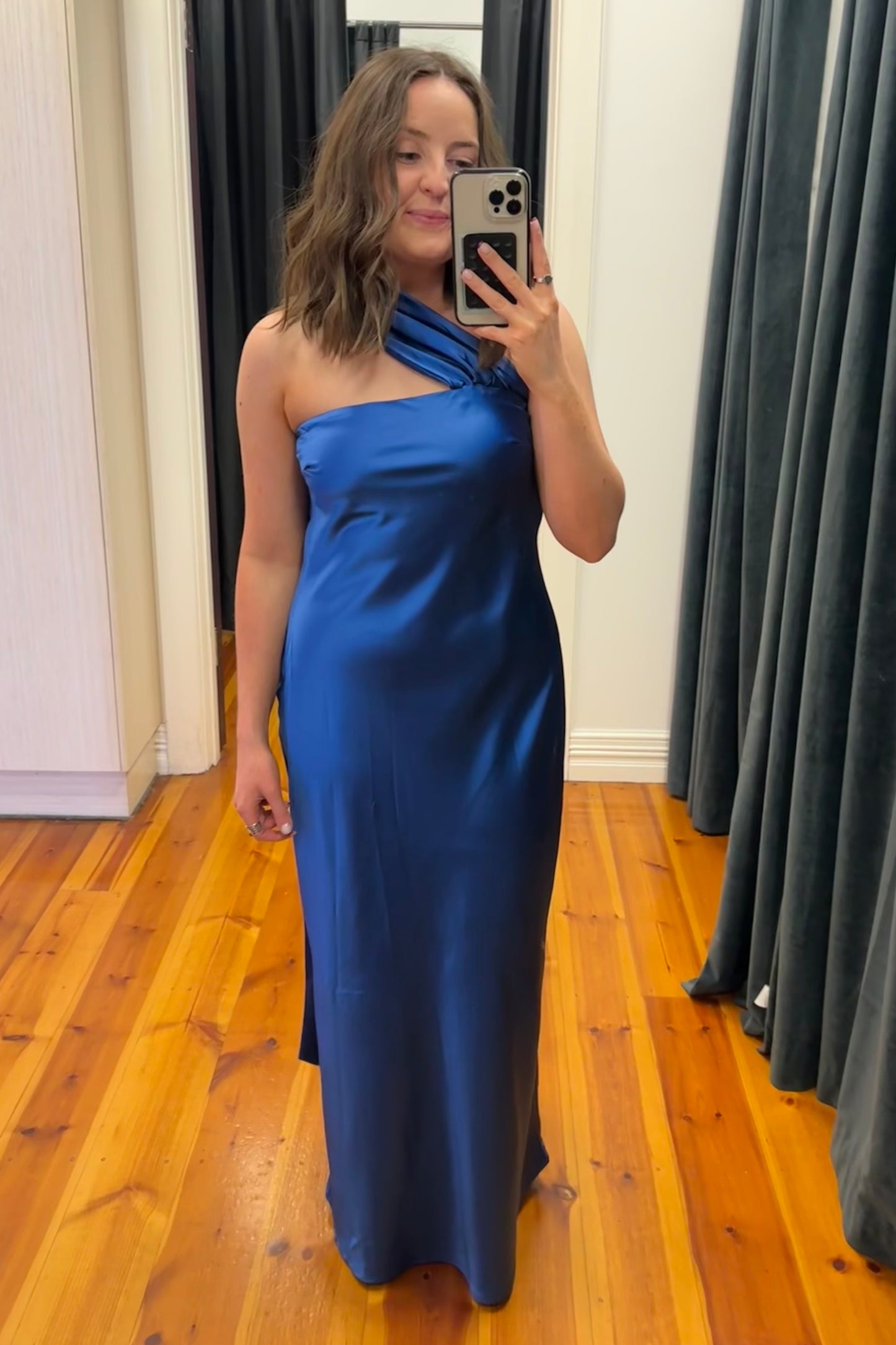 Formal dress blue midi full length satin one shoulder