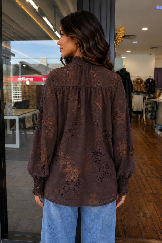 A woman viewed from behind wearing a dark brown long-sleeve blouse with a subtle tonal floral lace pattern, paired with light blue jeans, standing in a clothing store.