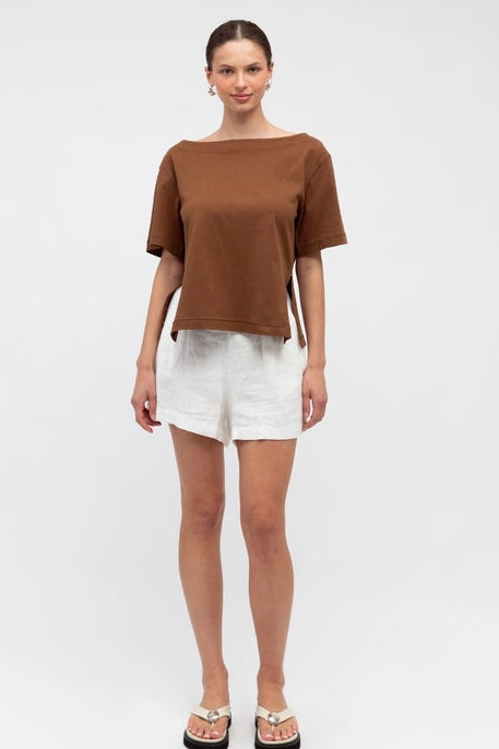 cotton boat neck side split tshirt