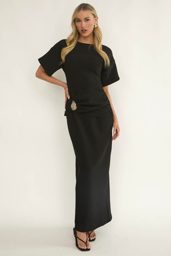 black formal maxi dress with short sleeve