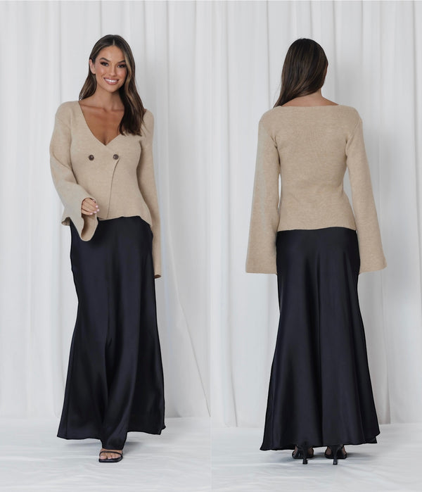 CARSO BELL SLEEVE KNIT-Beige & Black