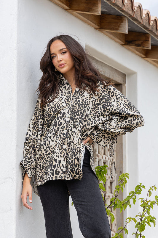 leopard print oversized shirt jacket with balloon sleeve