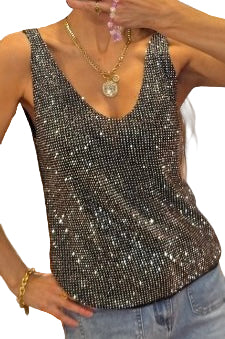 VALERIE SHIMMER TOP-Caramel, Khaki & Black