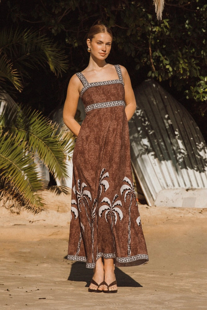 Palm print cocolate brown maxi strappy dress