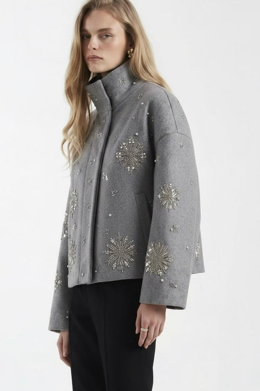BRIANNA BEADED CROP COAT- Charcoal & Silver