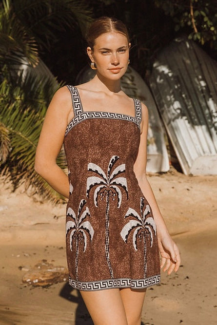 chocolate brown palm print short dress with wide straps