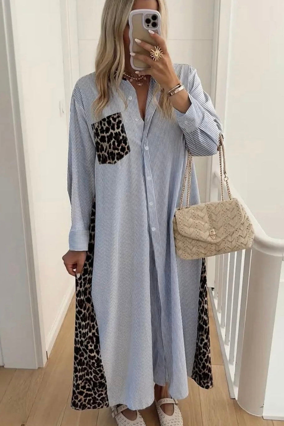 oversized maxi cotton shirt dress leopard and stripe print