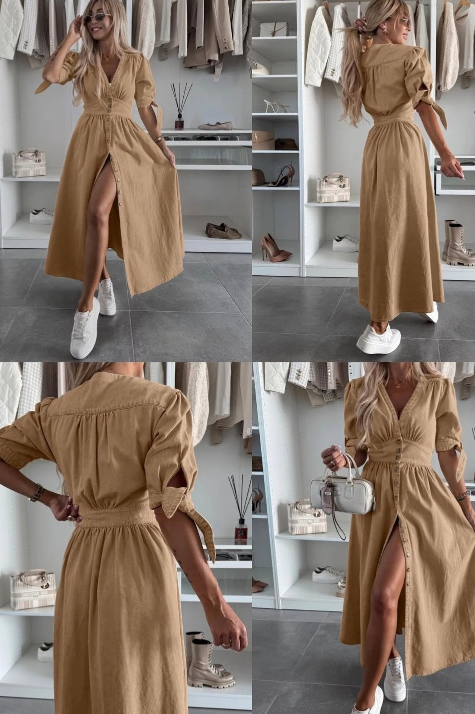 denim v neck shirt dress