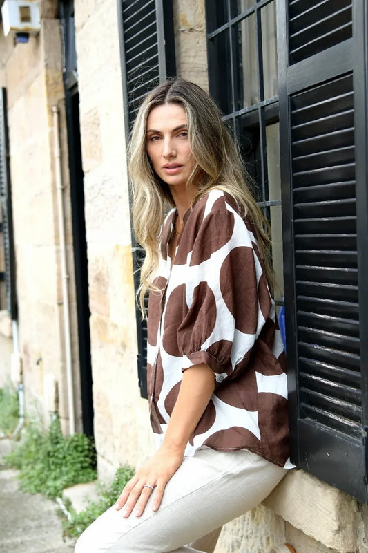 balloon sleeve shirt with mandarin collar and brown large spots