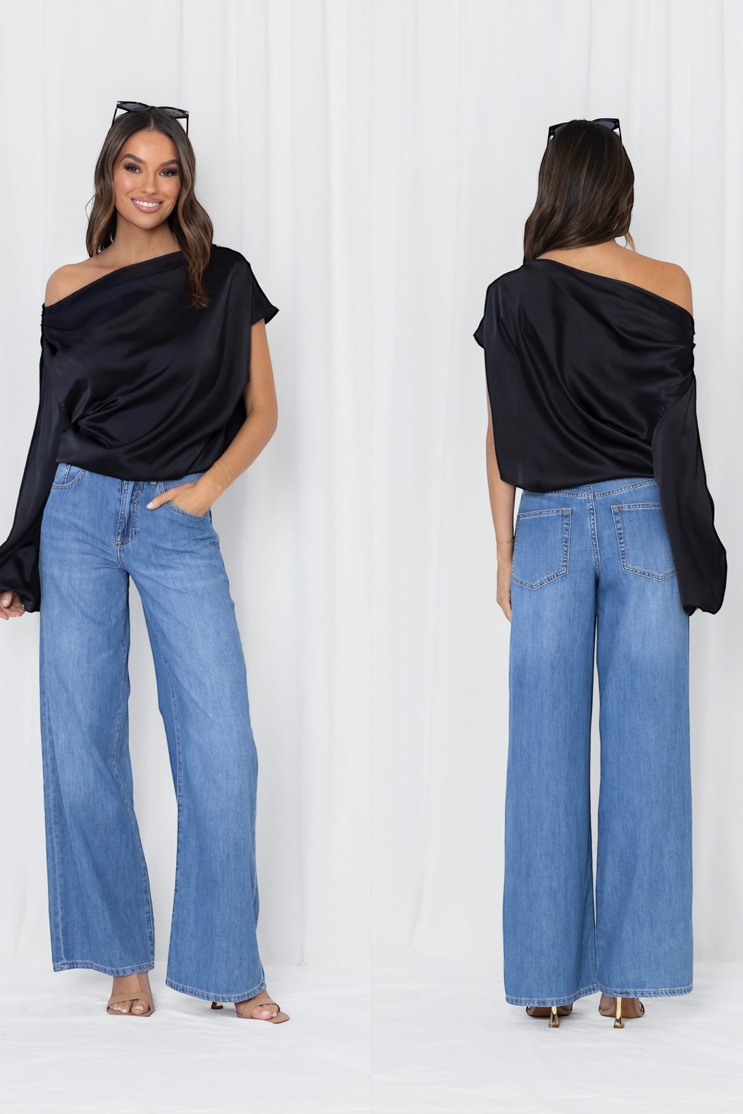 CIARA SATIN BLOUSE - Champangne & Black Pre order