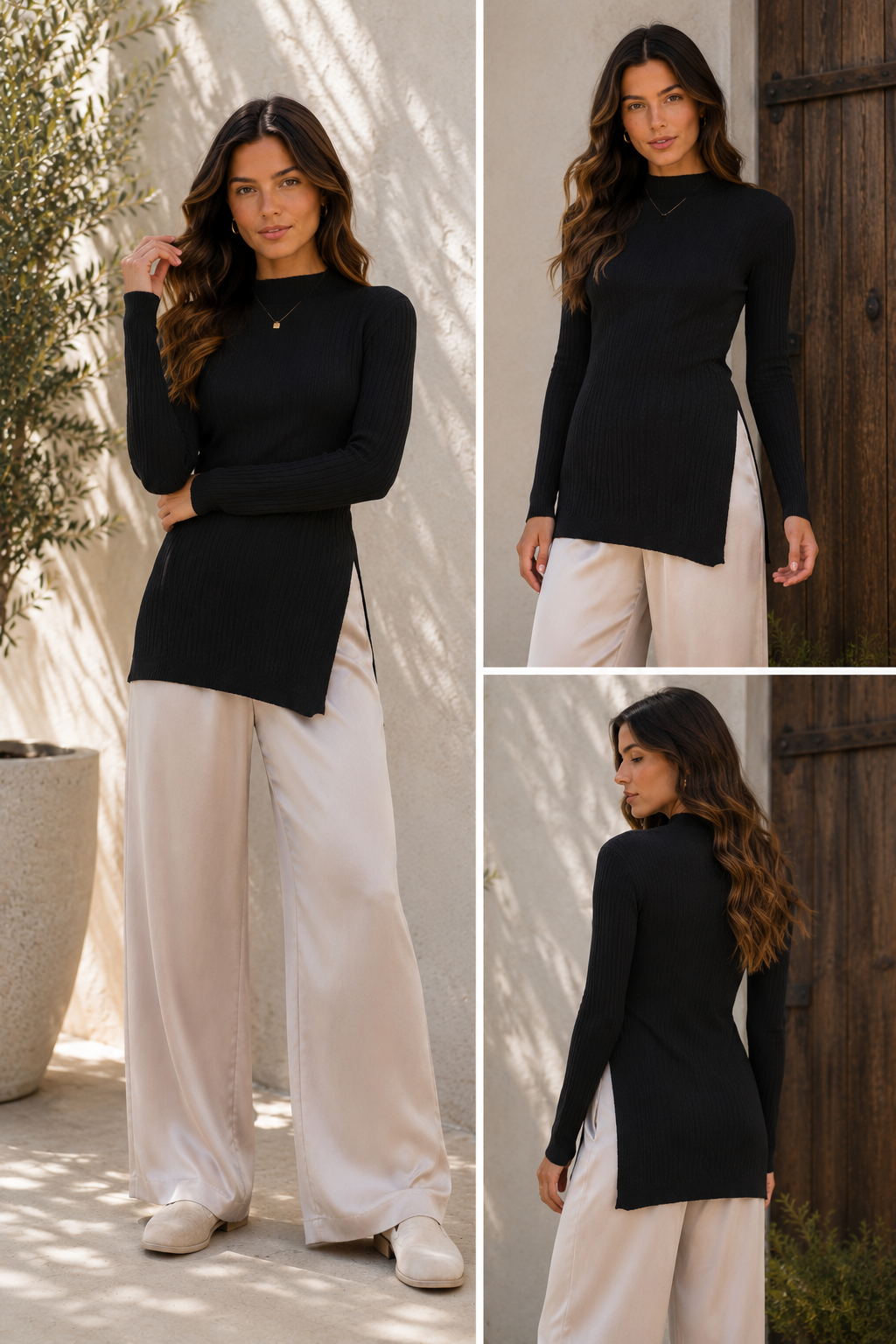 A three-panel collage showing a woman modeling a black long-sleeve mock-neck top with side slits, paired with light beige wide-leg pants. The left panel shows a full front view in an outdoor patio setting, while the right panels show front and back views against a neutral wall and wooden door background.