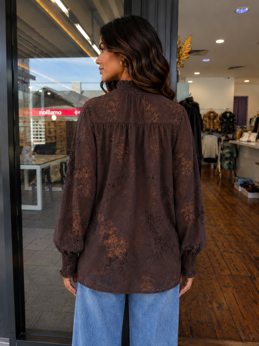A woman viewed from behind wearing a dark brown long-sleeve blouse with a tonal floral lace pattern and light blue jeans, standing inside a clothing store.