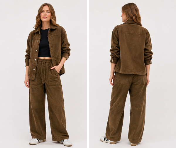 Woman wearing a brown corduroy outfit on a white background