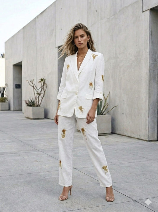 white suit with gold embellishment