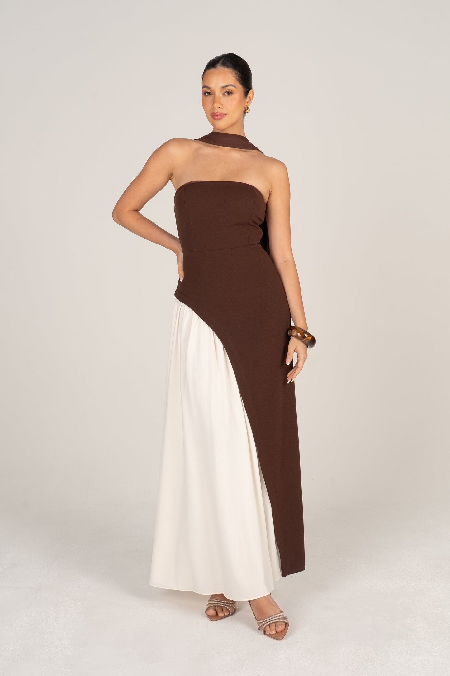 strapless chocolate and cream formal dress