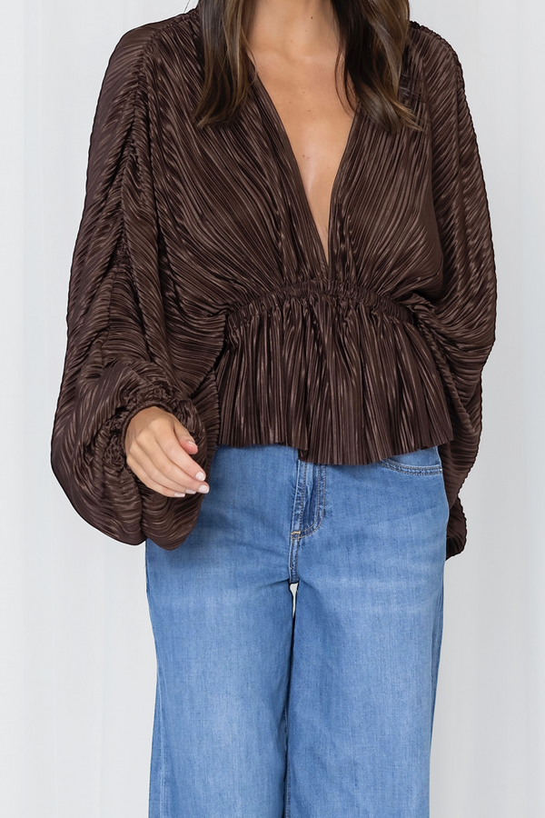 WILLA PLISSE BALLOON SLEEVE BLOUSE- Chocolate & Black Pre order
