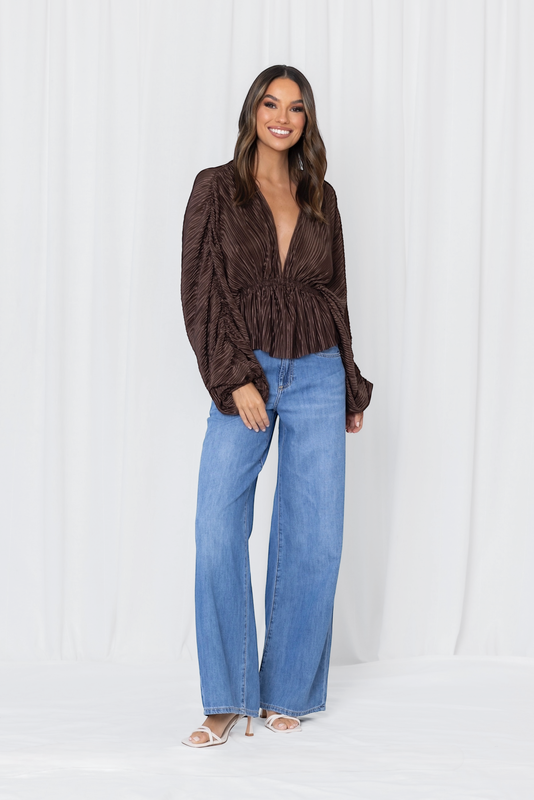 WILLA PLISSE BALLOON SLEEVE BLOUSE- Chocolate & Black Pre order