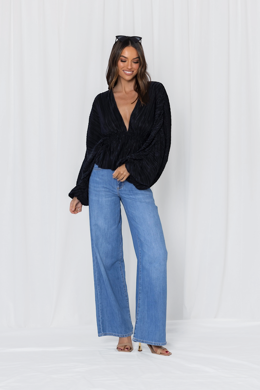 WILLA PLISSE BALLOON SLEEVE BLOUSE- Chocolate & Black Pre order