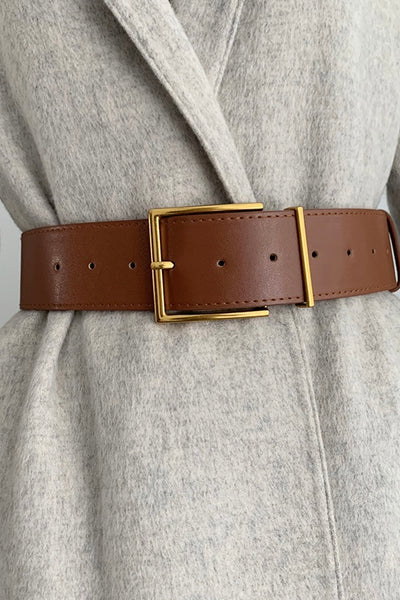 brown tan wide belt with gold buckle