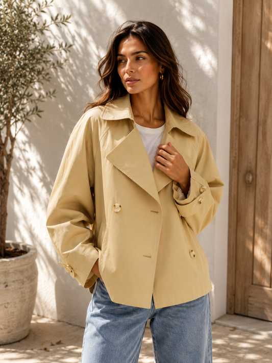 A woman wearing a light beige double-breasted blazer over a white t-shirt and blue jeans, standing outdoors against a sunlit stucco wall and wooden door.