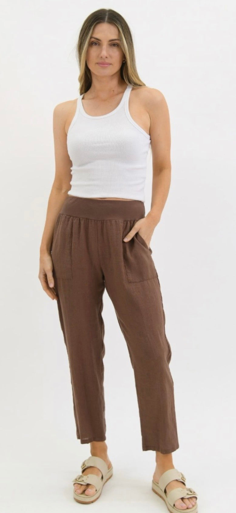 TANIA LINEN PANT- White & Chocolate