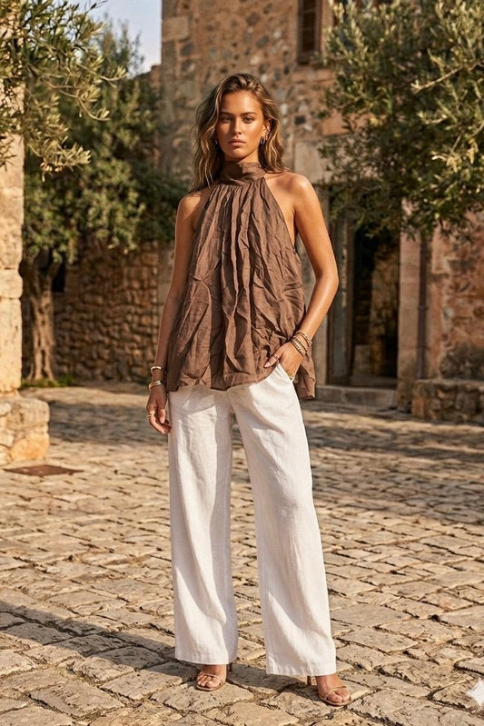 halter ramie fabric top with long tie