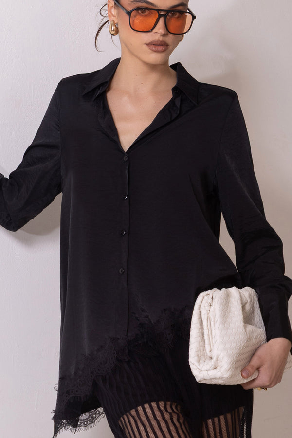 asymetrical button black satin blouse