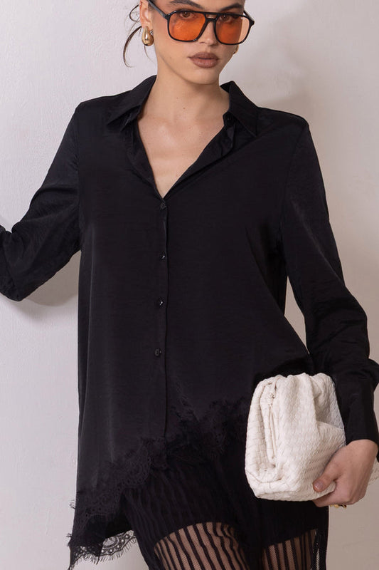 asymetrical button black satin blouse