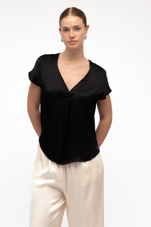 v neck black satin top from white closet
