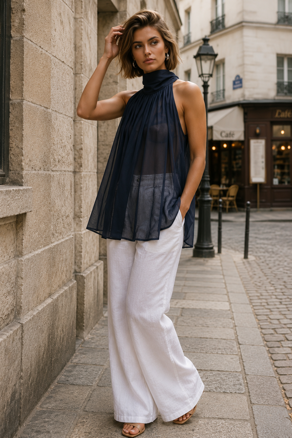 A woman stands on a cobblestone street wearing a sheer navy blue halter-style top and white wide-leg pants.