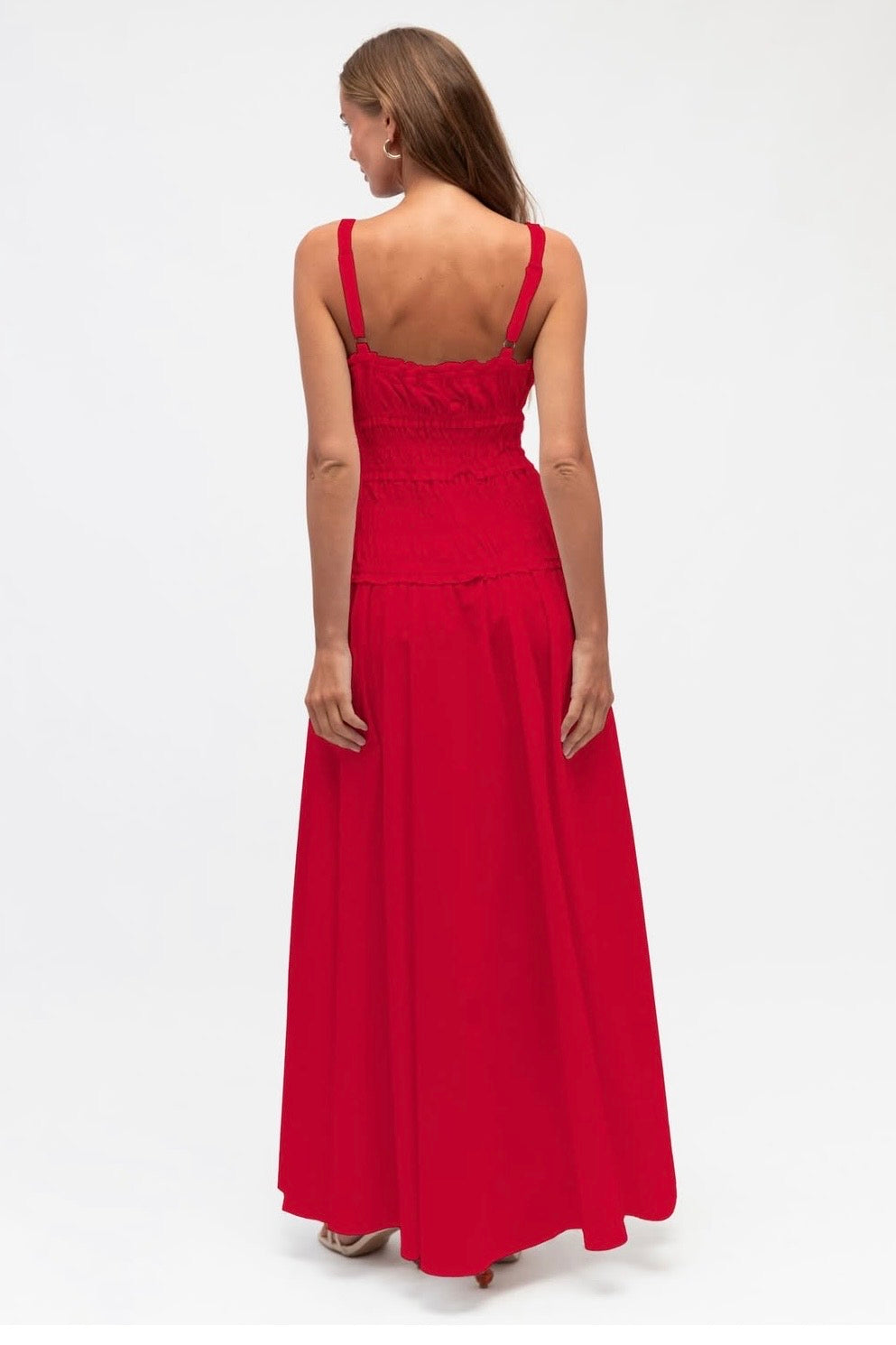 SHIRRED MAXI DRESS- Red & Brown