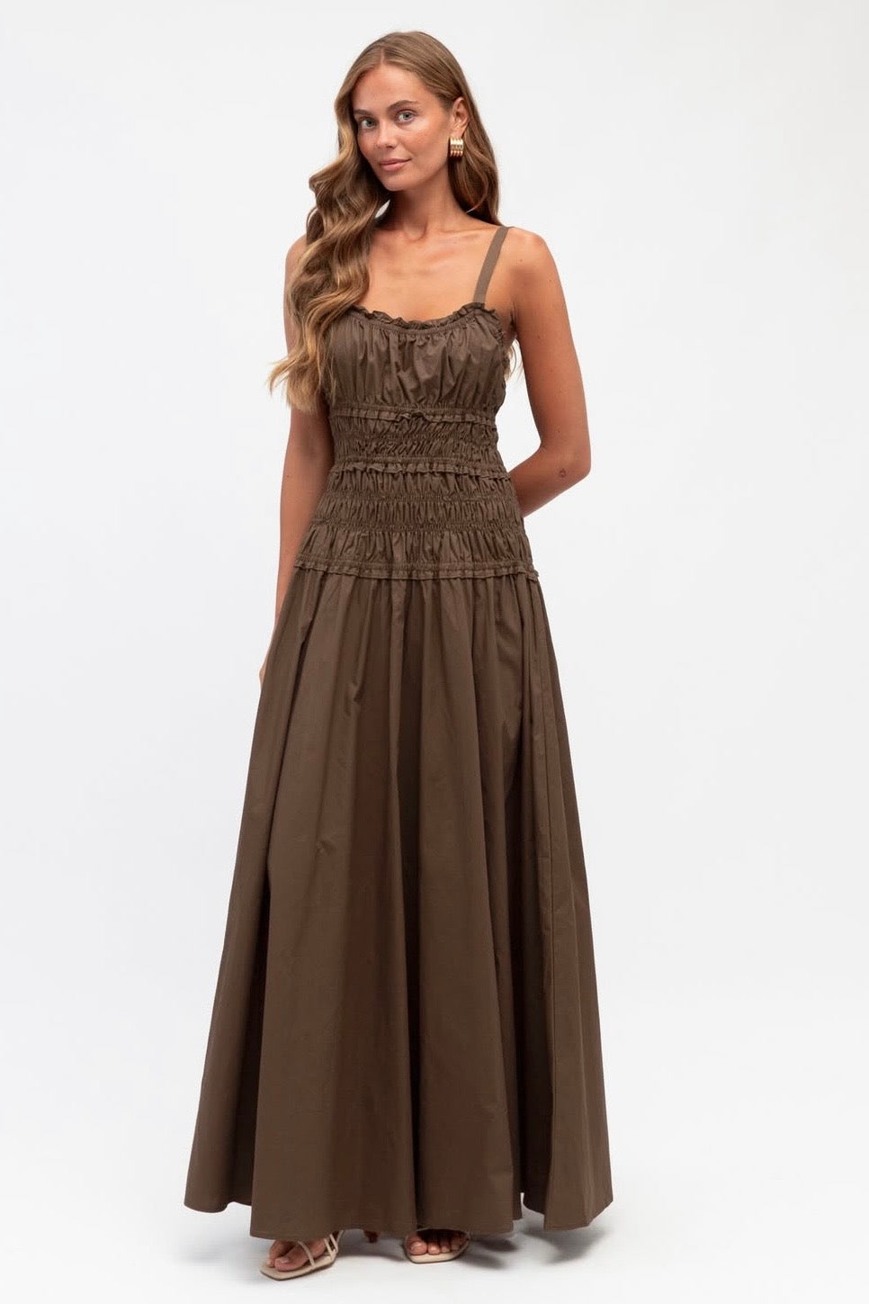 SHIRRED MAXI DRESS- Red & Brown