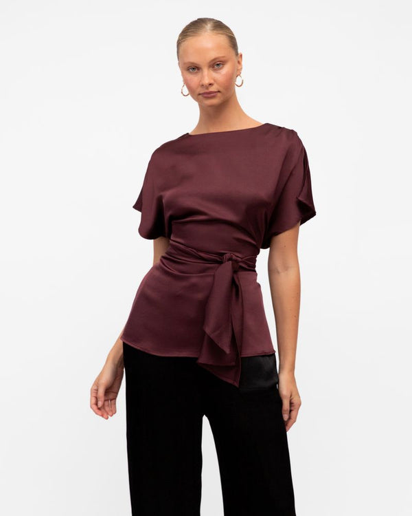 satin burgundy taylor blouse by white closet