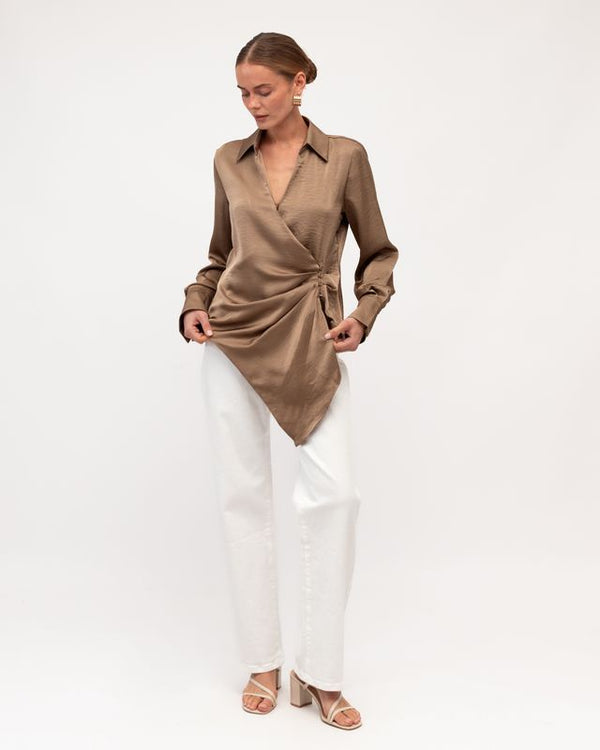 REGINA WRAP TOP- Mushroom & Black