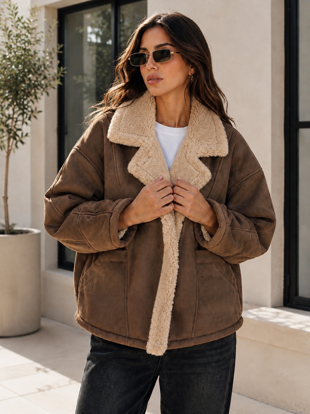 A woman wearing a brown suede-like shearling jacket with a large beige sherpa collar and lining, styled with a white t-shirt and dark jeans in an outdoor patio setting.