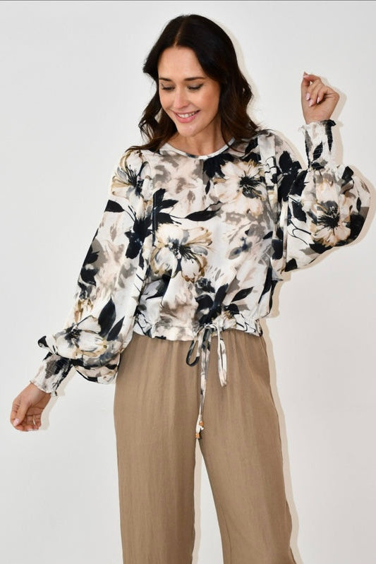 floral print batwing top with drawstring waist and elastic cuff