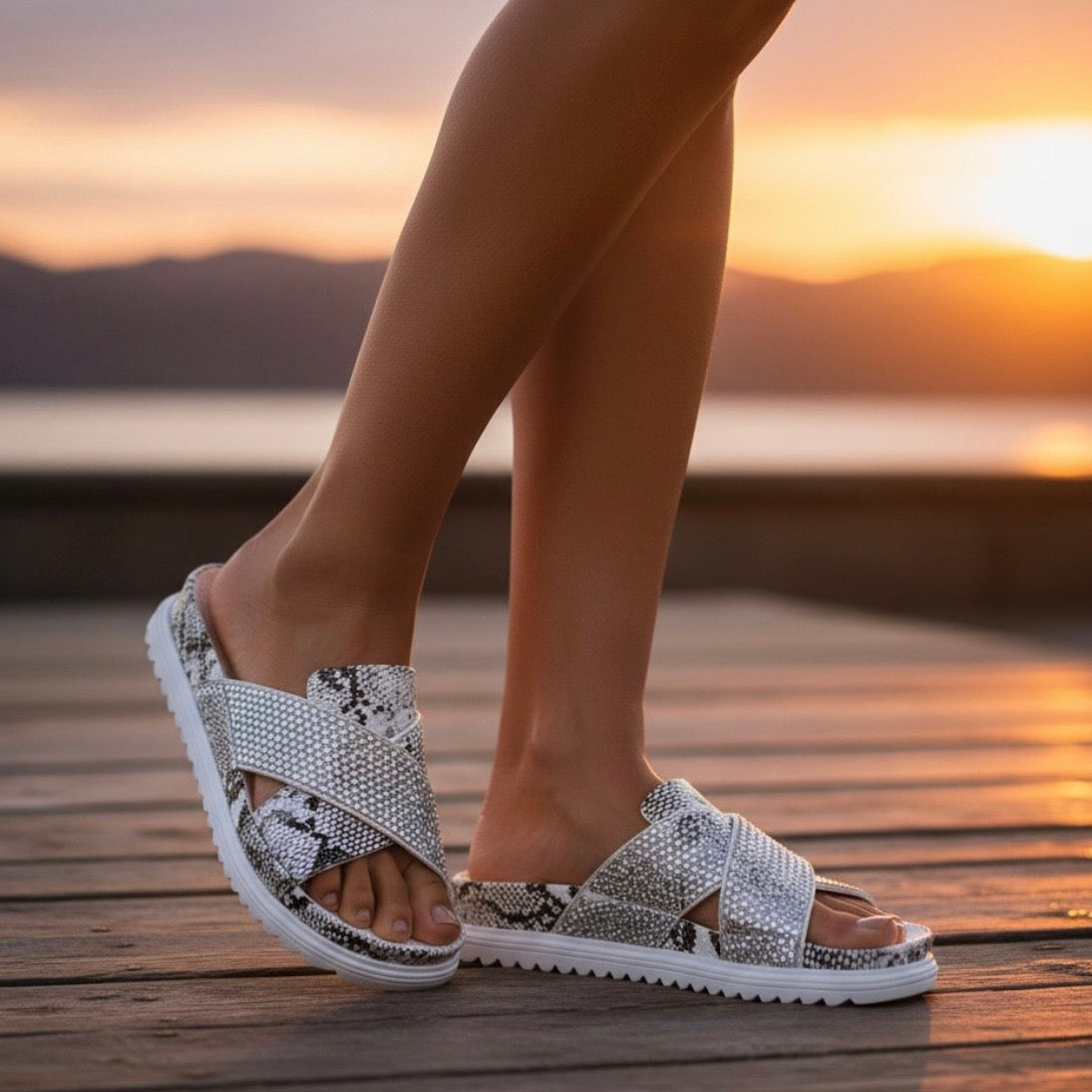 A pair of women's slide sandals with silver rhinestone-embellished straps and a black-and-white snakeskin print, shown on a model's feet while standing on a wooden deck at sunset.