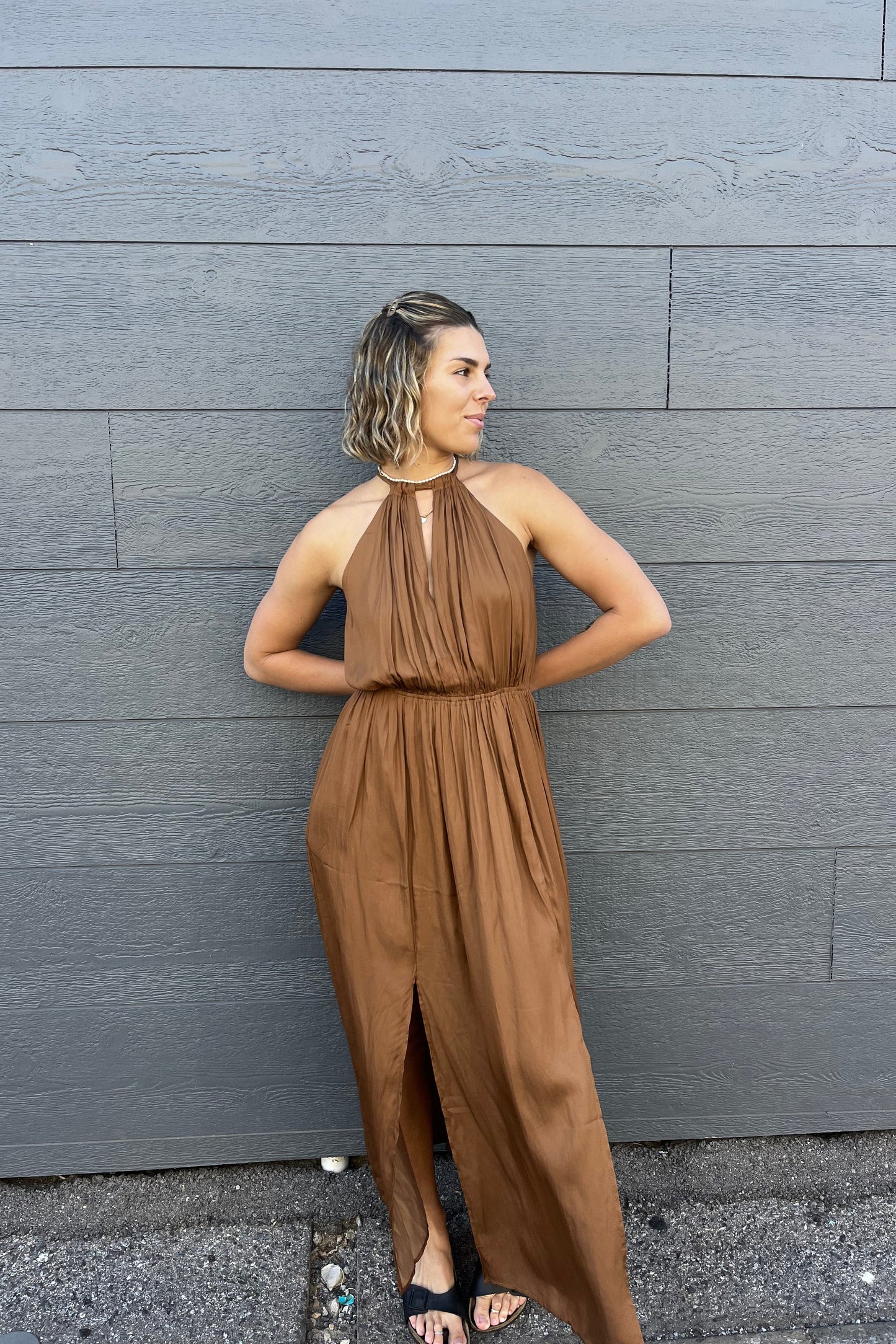 STATUS HALTER DRESS - Brown & Navy