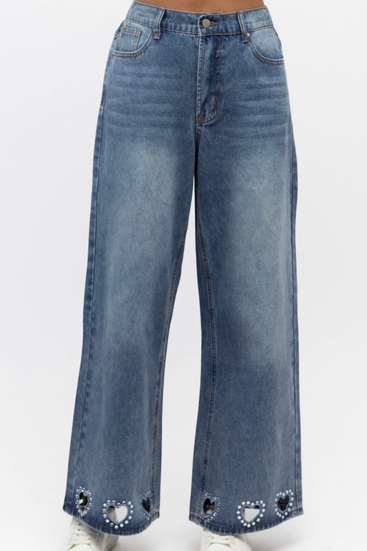 wide leg jeans with heart embellished cut outs