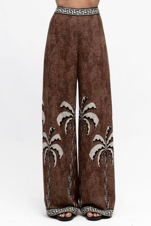 Brown wide-leg pants with palm tree design on a white background