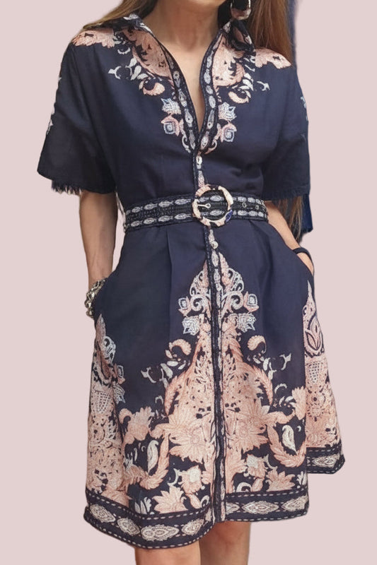 printed short sleeve short dress with side pockets
