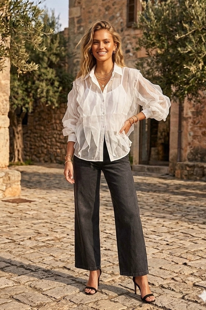 sheer frill detail lux shirt