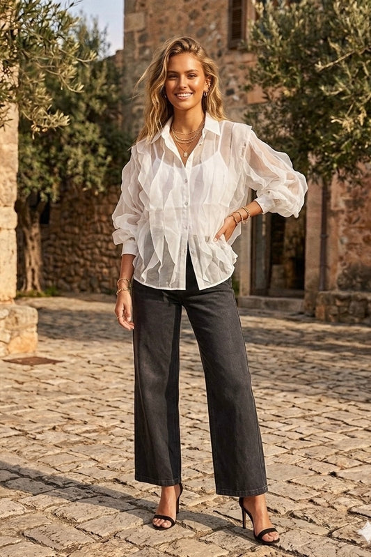 sheer frill detail lux shirt