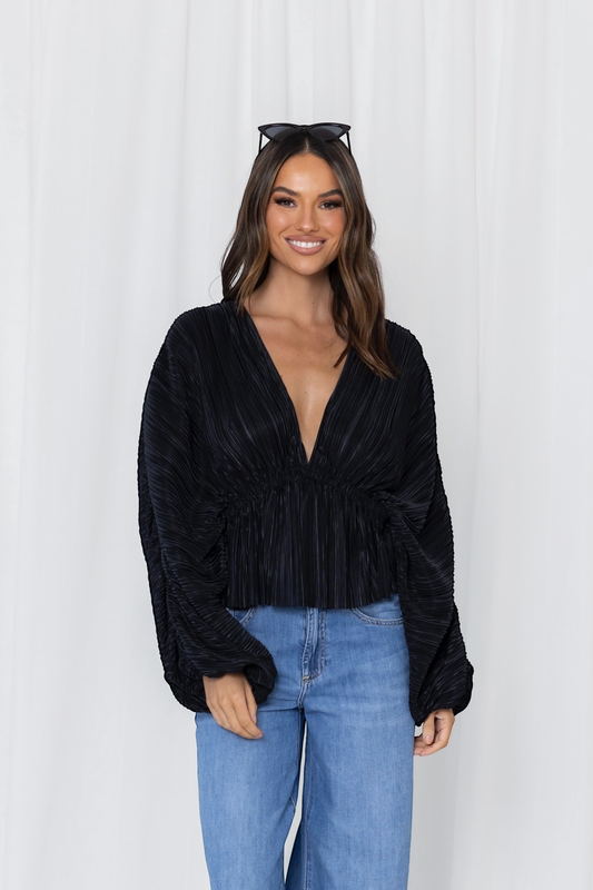 WILLA PLISSE BALLOON SLEEVE BLOUSE- Chocolate & Black Pre order