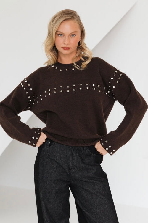 brown paper heart stud detail jumper