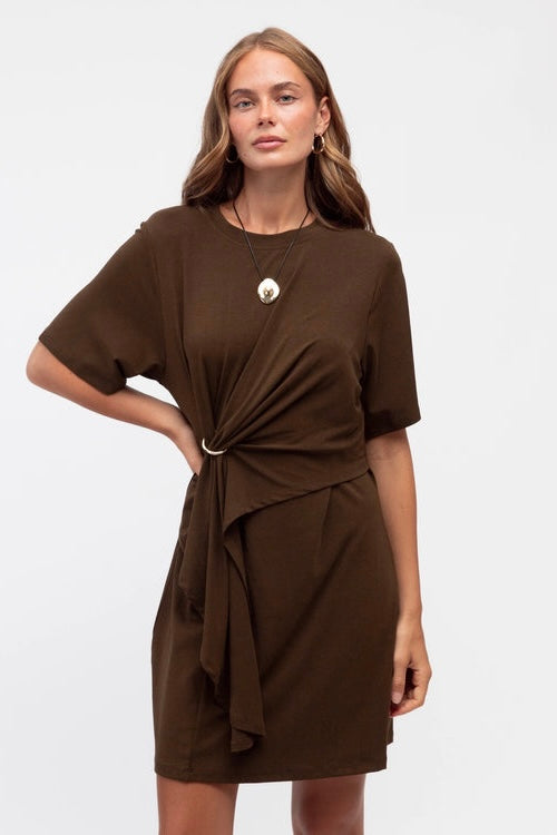 stretchy tshirt dress with gold ring and drapey front