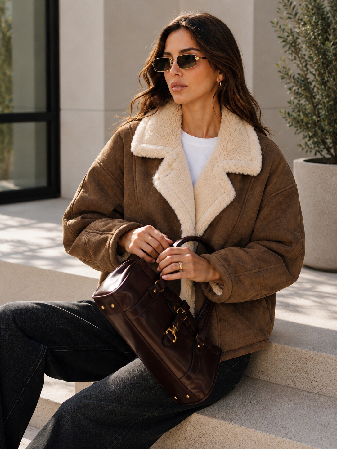 A woman wearing a brown shearling-lined jacket, black jeans, sunglasses, and holding a dark brown leather handbag while sitting on outdoor stone steps.