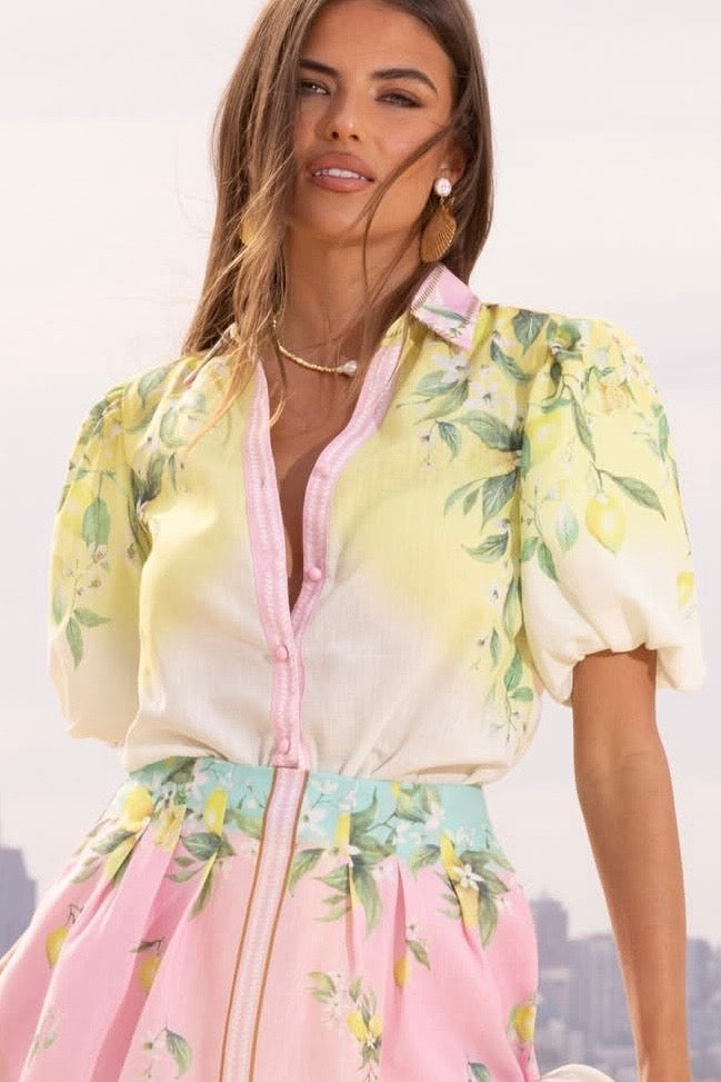yelow print limoncello button down collared balloon short sleeve shirt