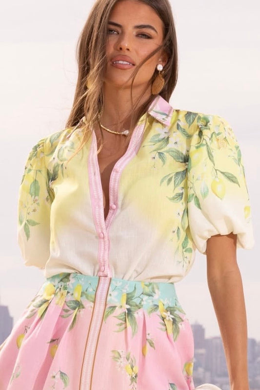 yelow print limoncello button down collared balloon short sleeve shirt